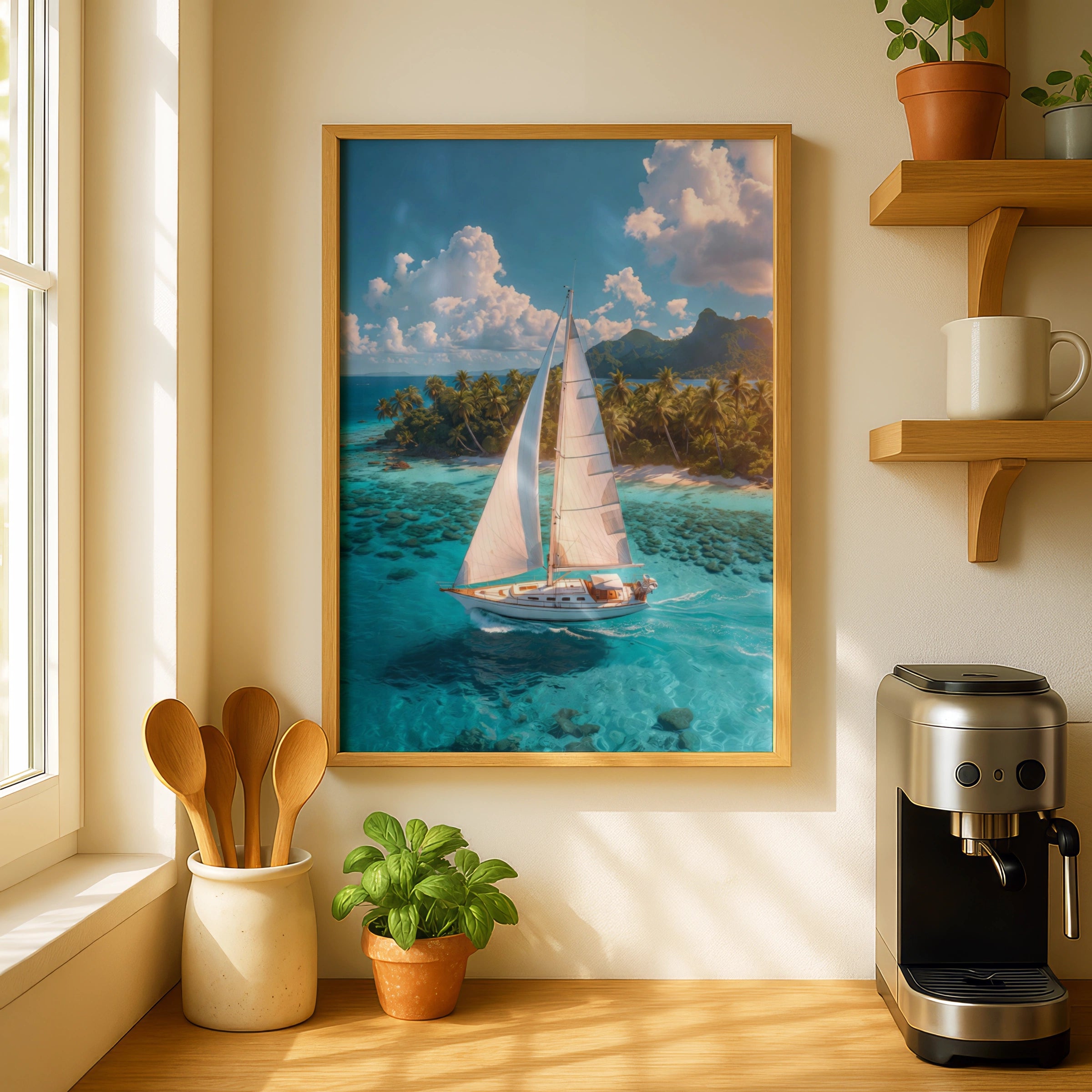 Tropical Sailboat Poster, Beach Ocean Wall Art, Turquoise Sea Print, Coastal Decor