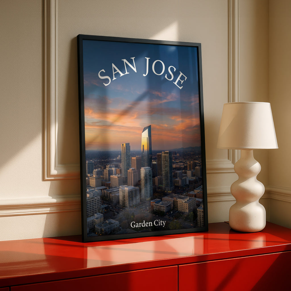 San Jose California Skyline Poster, Garden City Sunset Wall Art, Silicon Valley Print