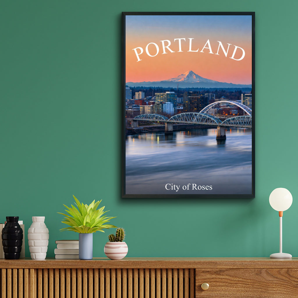 Portland Oregon Poster, City of Roses Skyline Print, Willamette River Sunset Wall Art