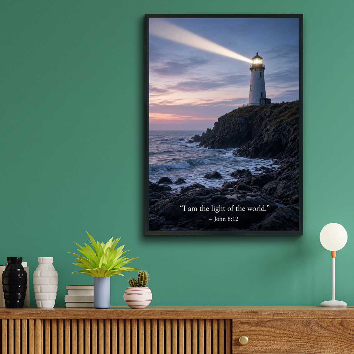 John 8:12 Lighthouse Scripture Poster, Christian Wall Art, Bible Verse Print, Faith