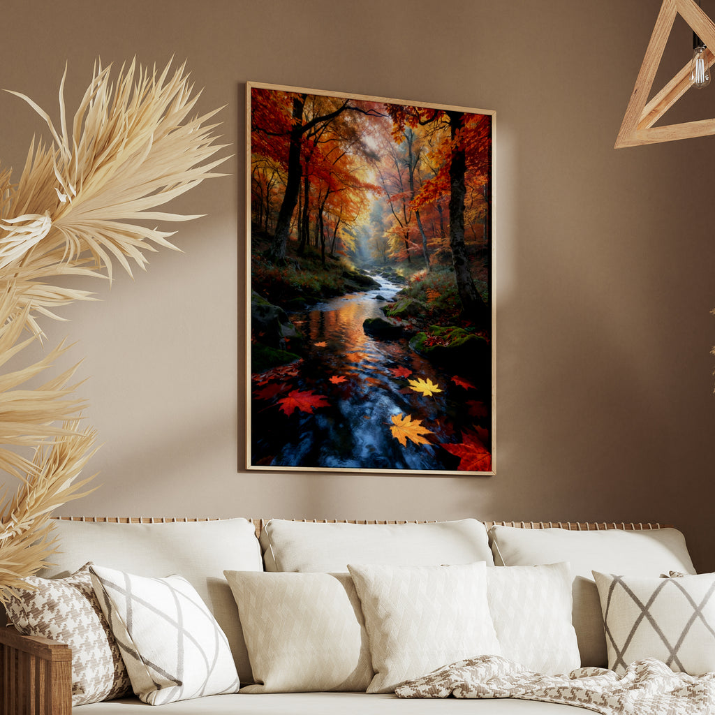 Fall Forest Stream Poster, Autumn Leaves Nature Wall Art, Misty Woodland River Print, Red Orange