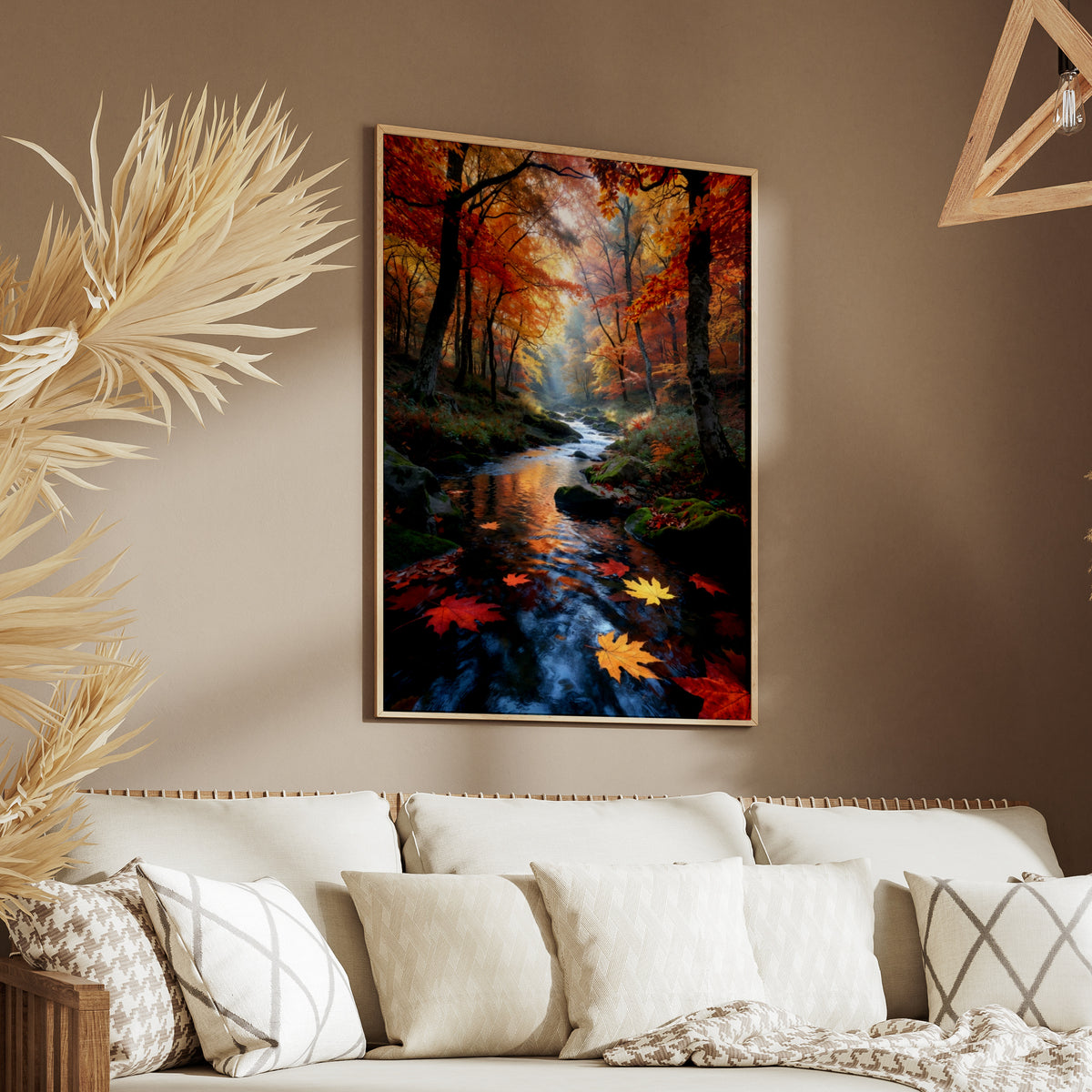 Fall Forest Stream Poster, Autumn Leaves Nature Wall Art, Misty Woodland River Print, Red Orange