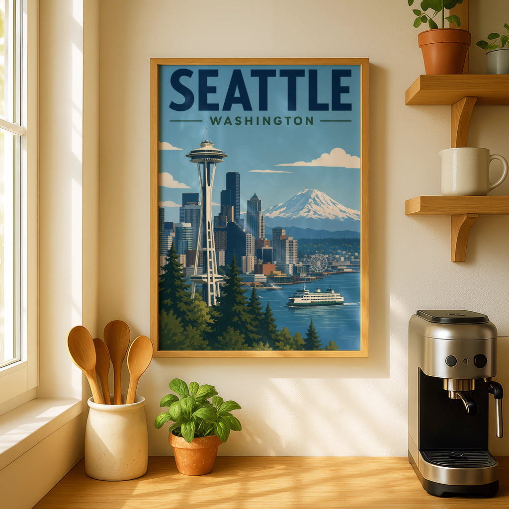 Seattle Washington Poster, Space Needle Retro Travel Print, Pacific Northwest Wall Art