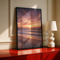 Beach Sunset Poster, Ocean Waves Wall Art, Pink Sky Coastal Print, Sandy Shore Decor