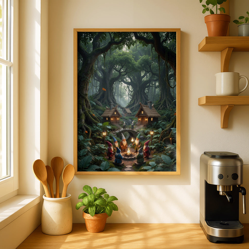 Gnome Village Forest Poster, Enchanted Woodland Wall Art, Fantasy Fairy Tale Print
