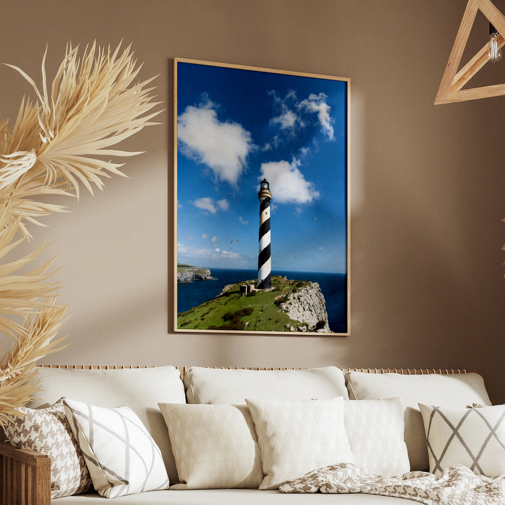 Lighthouse Poster, Black White Spiral Tower Coastal Wall Art, Seaside Cliffs Print