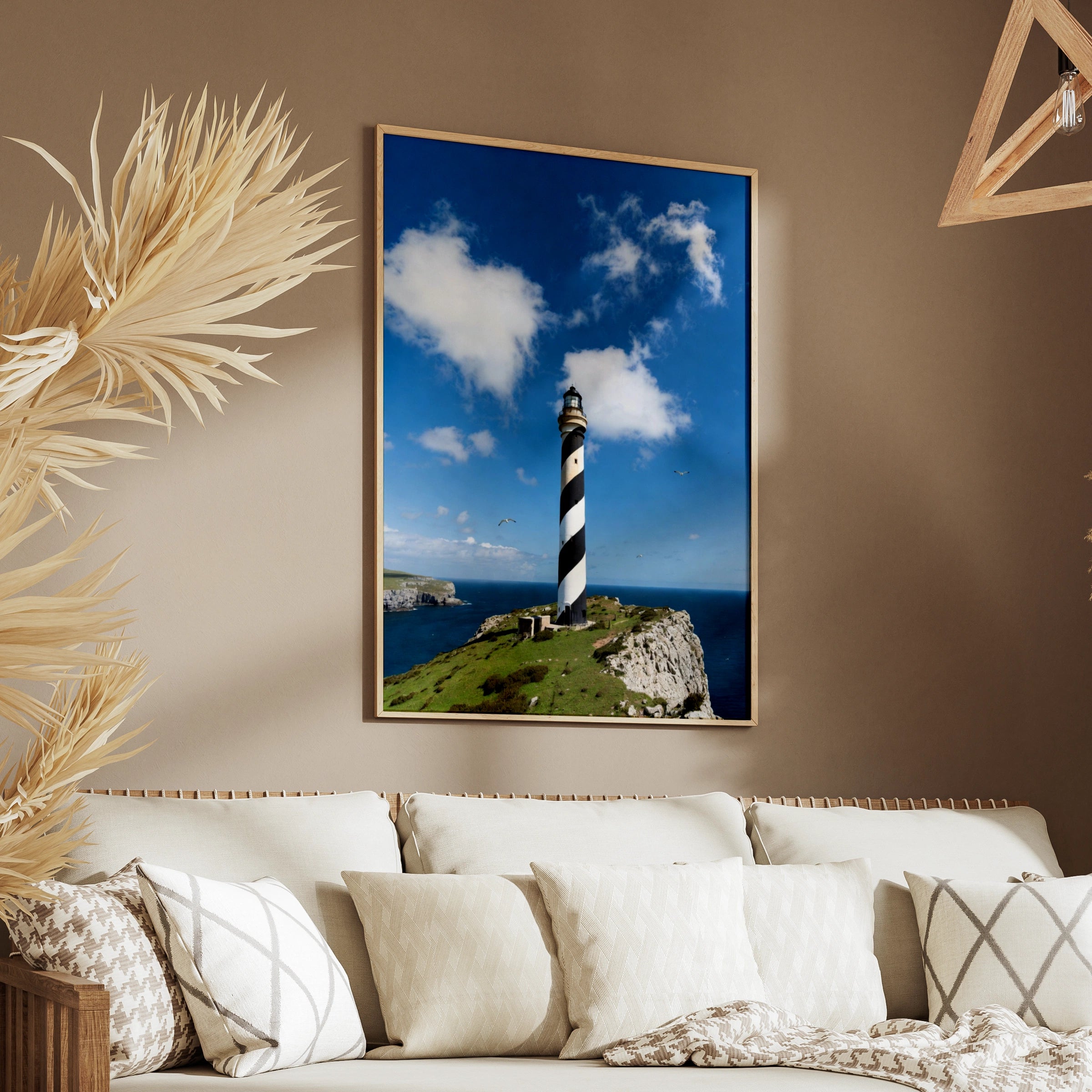 Lighthouse Poster, Black White Spiral Tower Coastal Wall Art, Seaside Cliffs Print