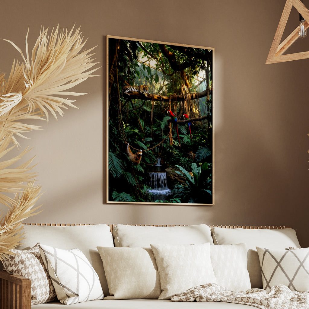 Tropical Jungle Wildlife Poster, Leopard Macaw Sloth Rainforest Wall Art Print