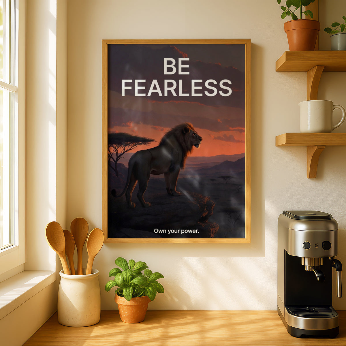 Be Fearless Lion Motivational Poster, Inspirational Wall Art, Safari Sunset Print