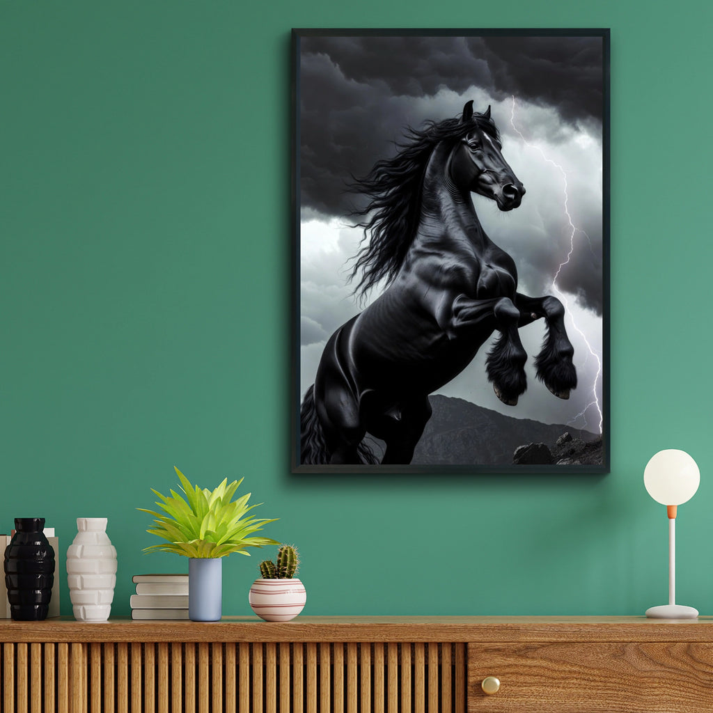 Black Horse Rearing in Storm Poster, Dramatic Lightning Wall Art, Friesian Print