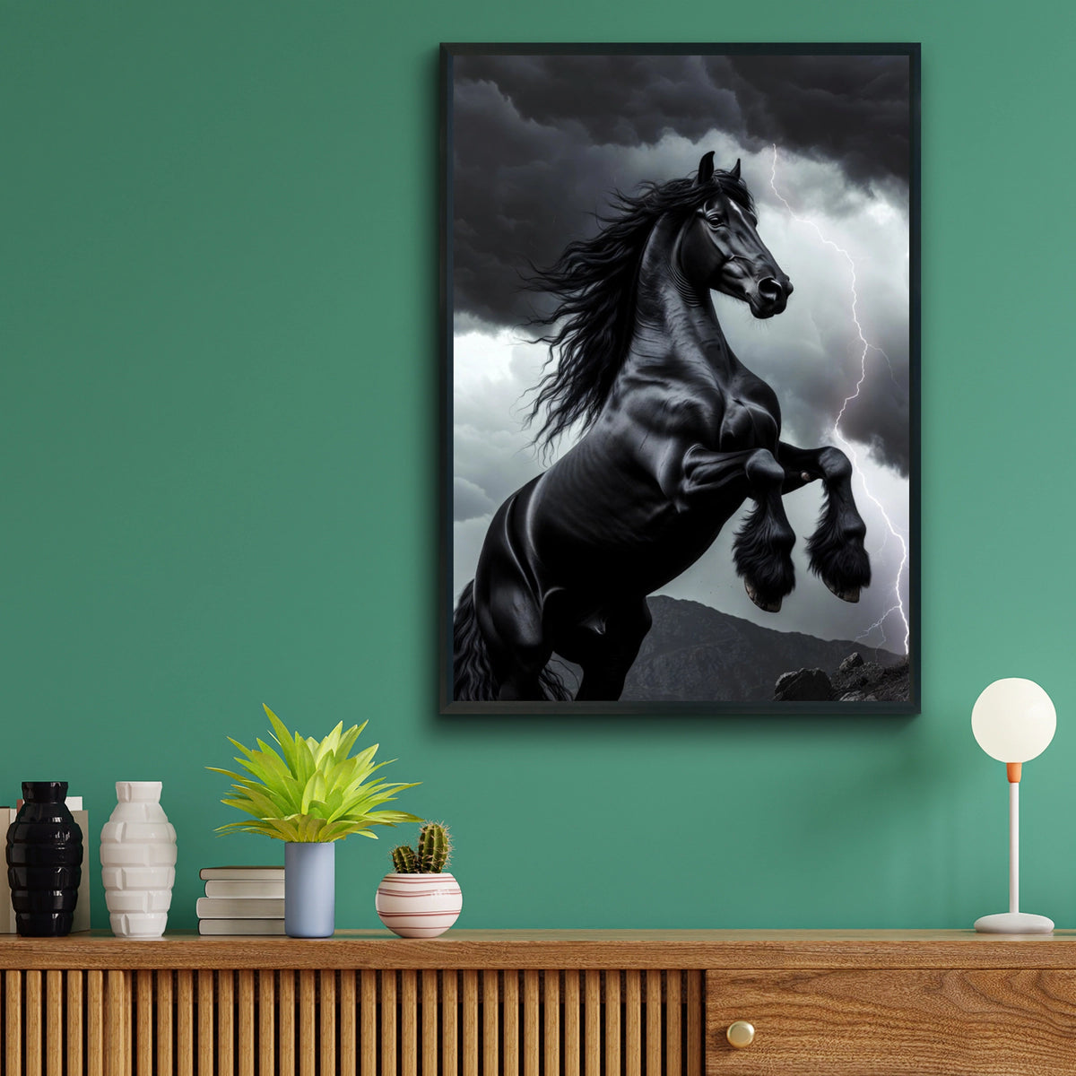 Black Horse Rearing in Storm Poster, Dramatic Lightning Wall Art, Friesian Print