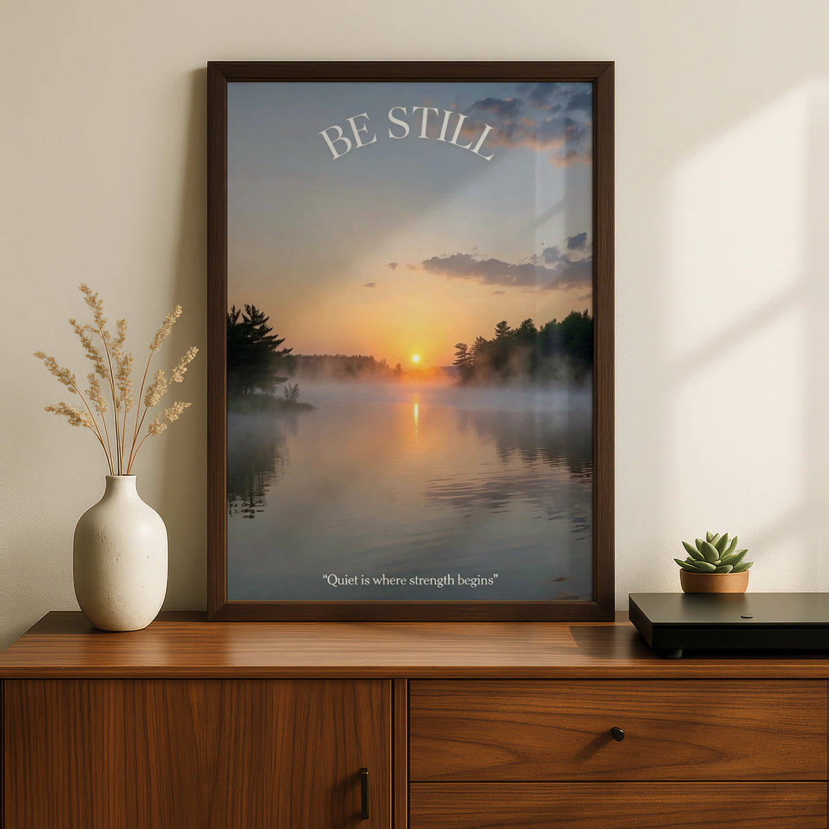 Be Still Inspirational Lake Sunrise Poster, Misty Nature Wall Art, Calm Quote Print