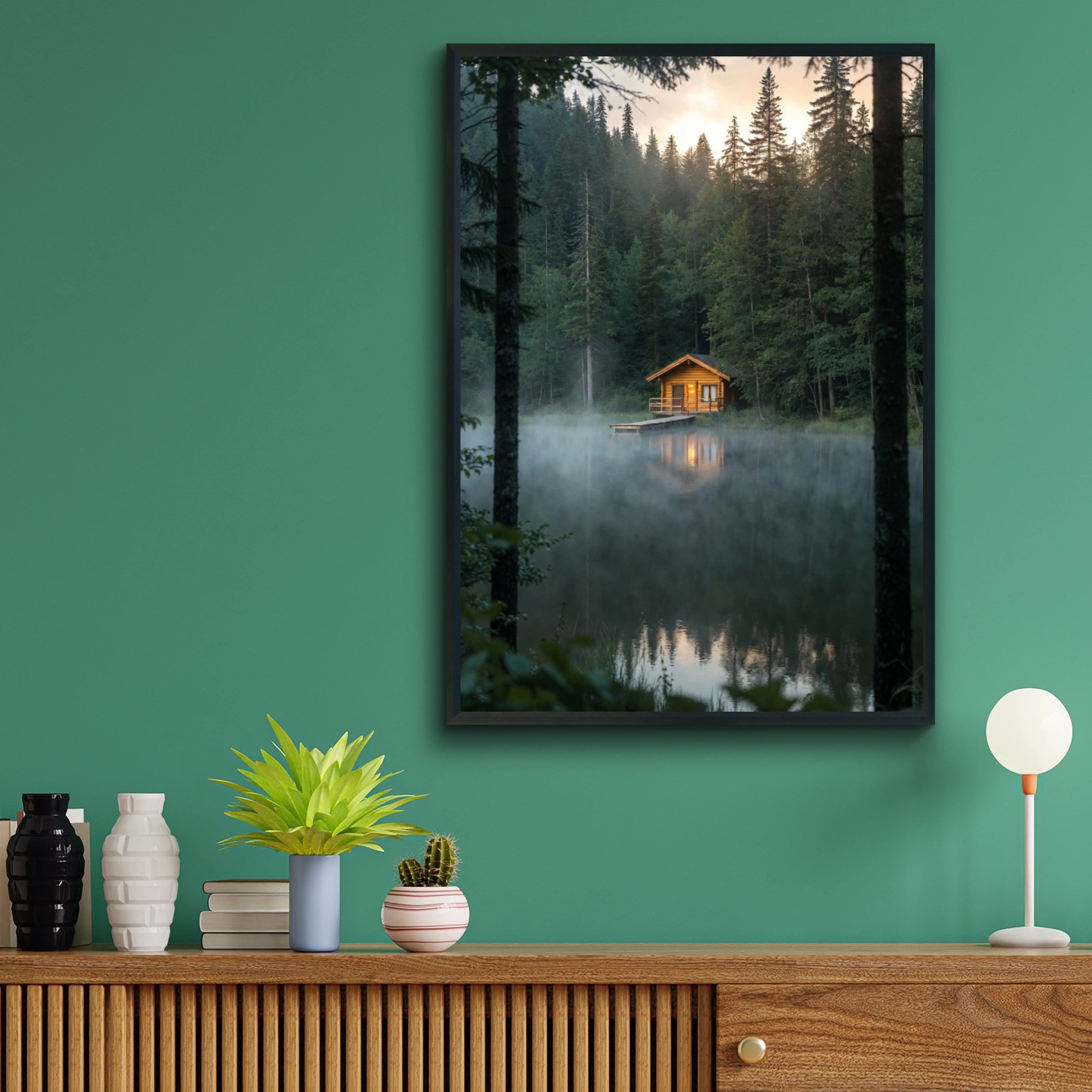 Lake Cabin Poster, Misty Forest Wall Art, Log Cabin Nature Print, Rustic Woodland Decor