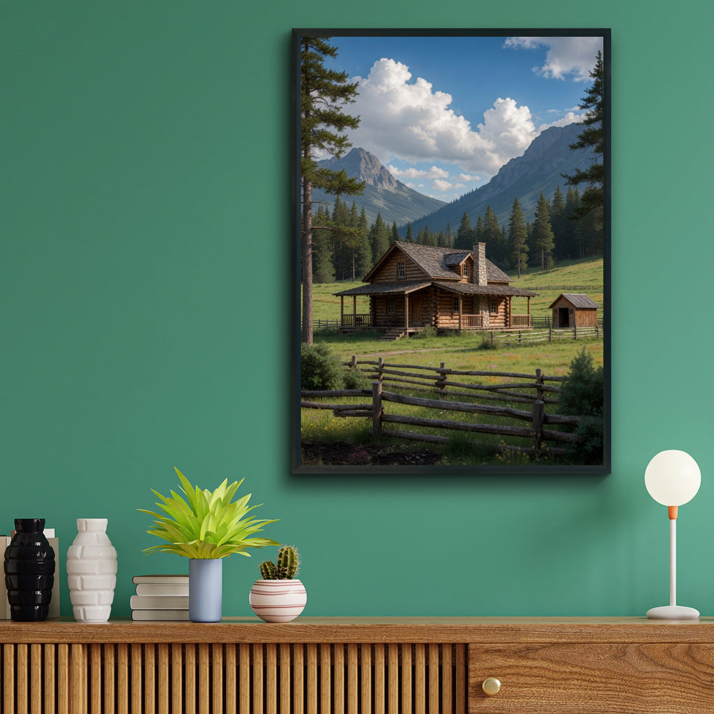 Mountain Cabin Poster, Rustic Log Cabin Wall Art, Nature Landscape Print, Wilderness Decor