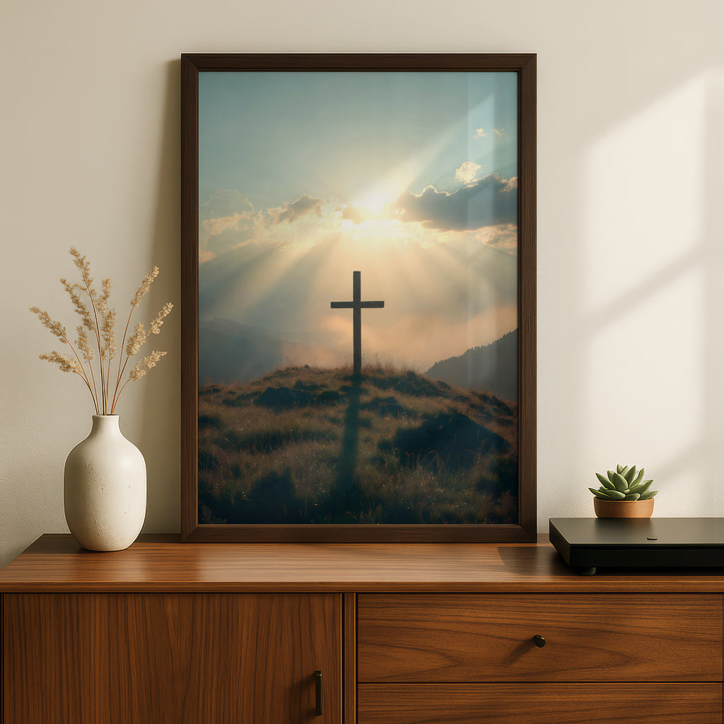 Cross on Hill Sunrise Poster, Christian Wall Art, Faith Sun Rays Mountain Print