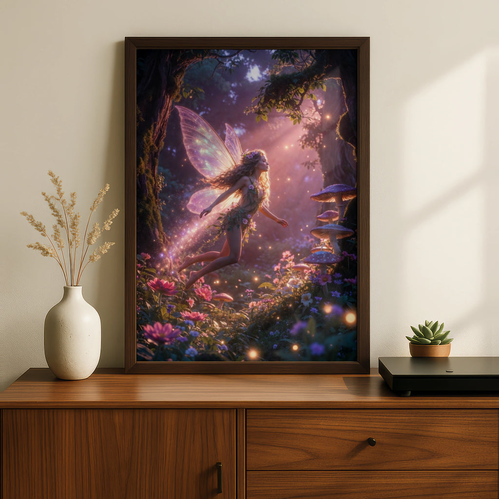 Fairy Forest Magic Poster, Enchanted Woodland Wall Art, Fantasy Fairy Print, Mushroom Glowing