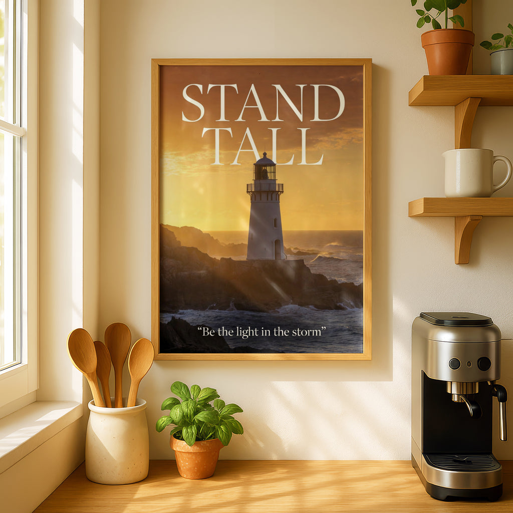 Stand Tall Lighthouse Motivational Poster, Be the Light in the Storm Quote Wall Art Print