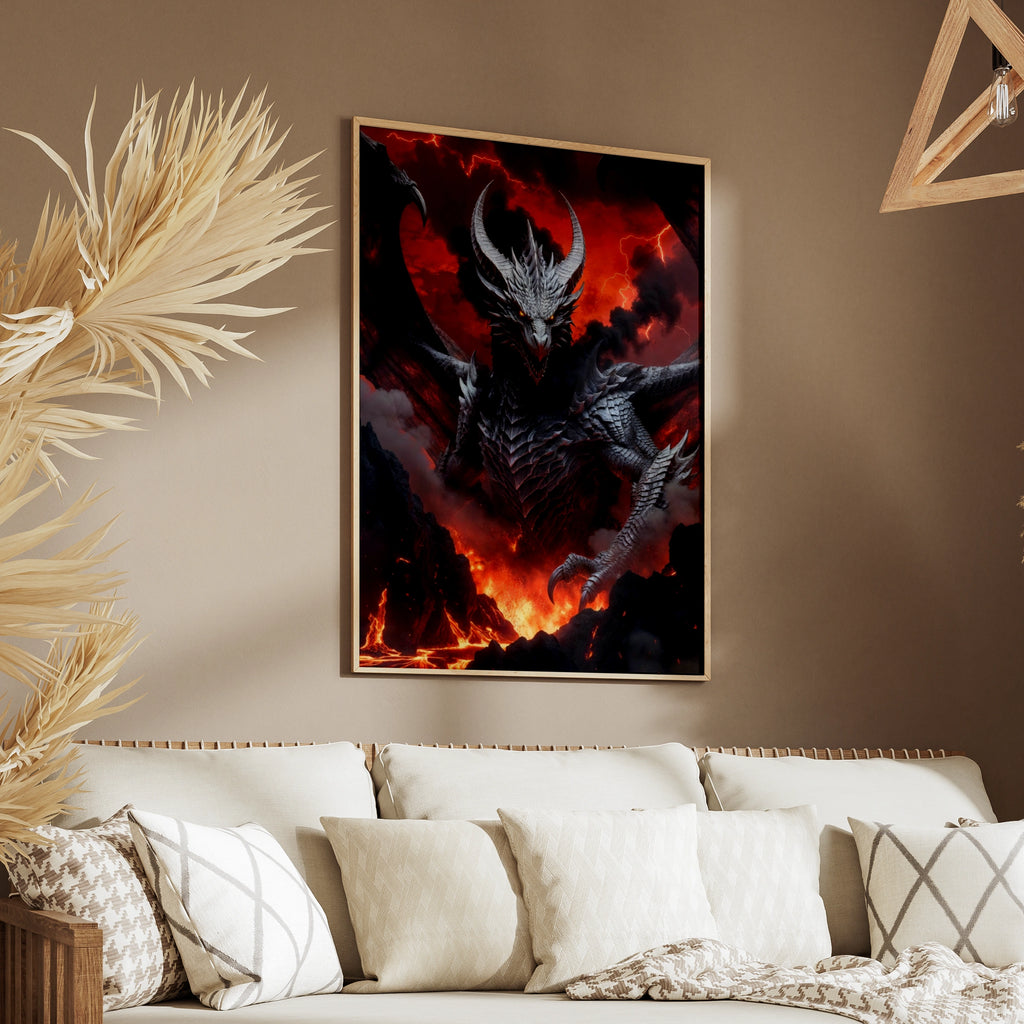 Dragon Wall Art, Dark Fantasy Poster, Fire Lava Lightning Epic Creature Print