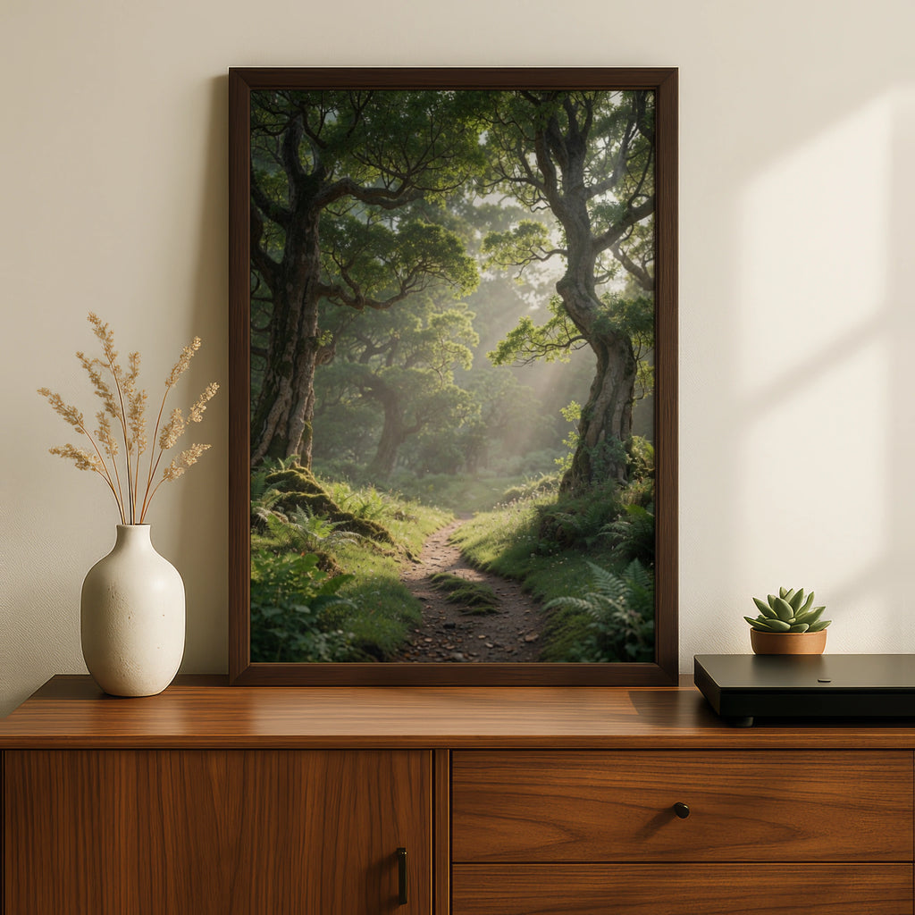 Enchanted Forest Path Poster, Misty Woodland Wall Art, Green Nature Print, Sunlit Trees