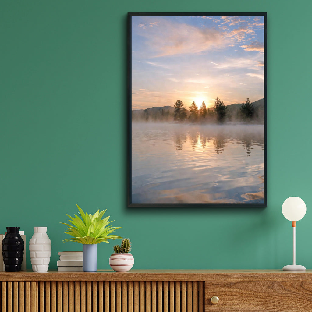 Misty Lake Sunrise Poster, Mountain Forest Wall Art, Nature Photography Print