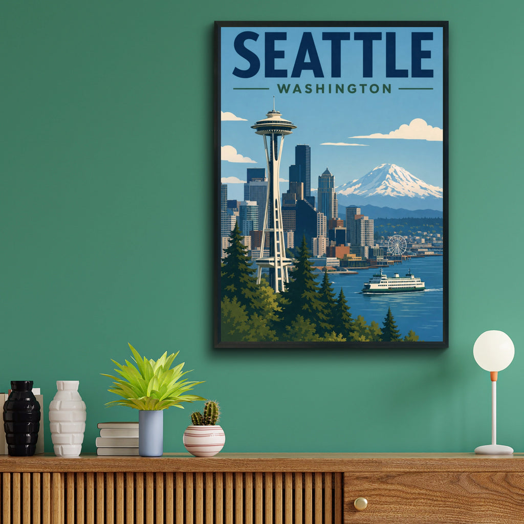 Seattle Washington Poster, Space Needle Retro Travel Print, Pacific Northwest Wall Art