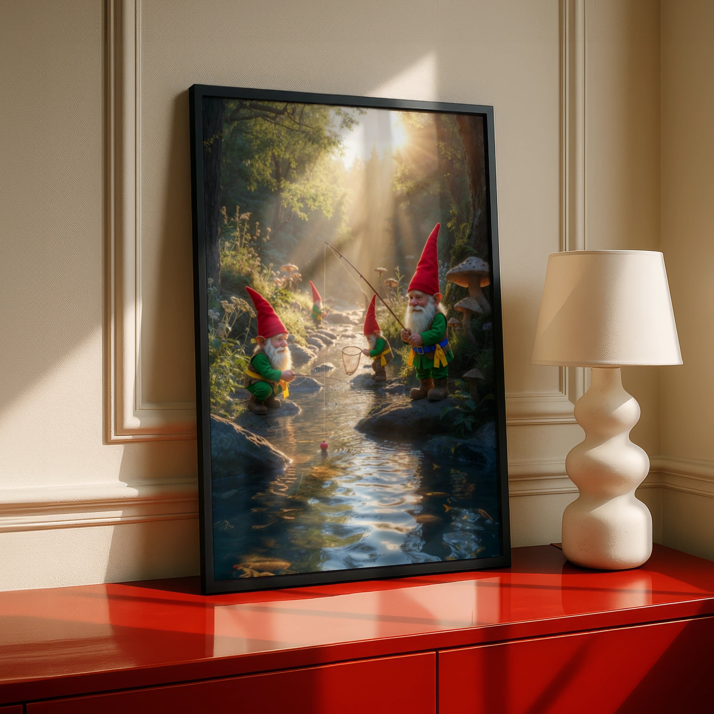 Gnomes Fishing in Enchanted Forest Poster, Whimsical Mushroom Wall Art, Fairy Tale Print