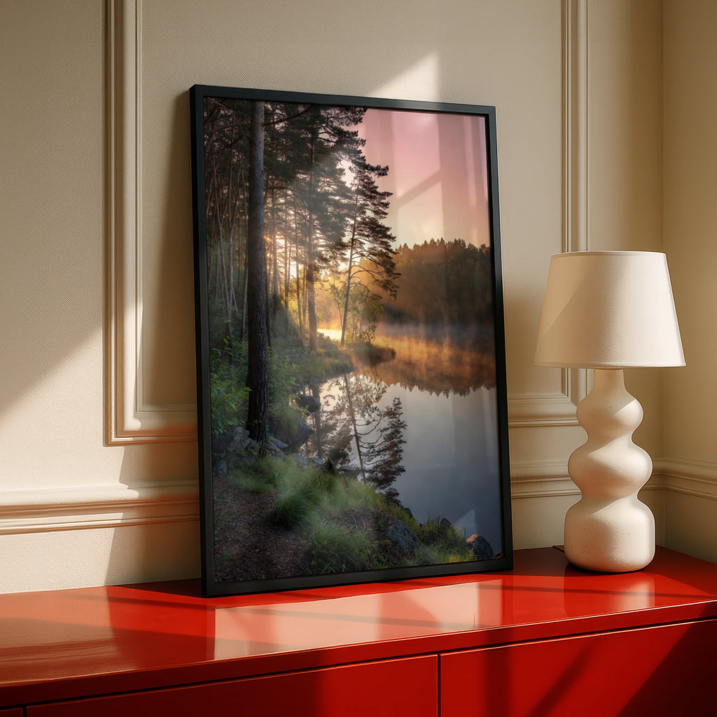 Lake Sunrise Forest Poster, Misty Pine Trees Wall Art, Nature Photography Print