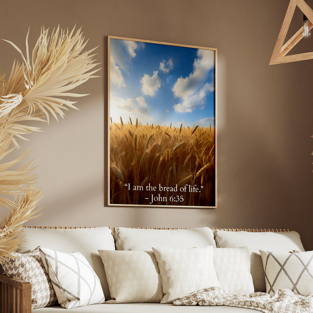 John 6:35 Bible Verse Poster, Bread of Life Scripture Wall Art, Wheat Field Christian Print