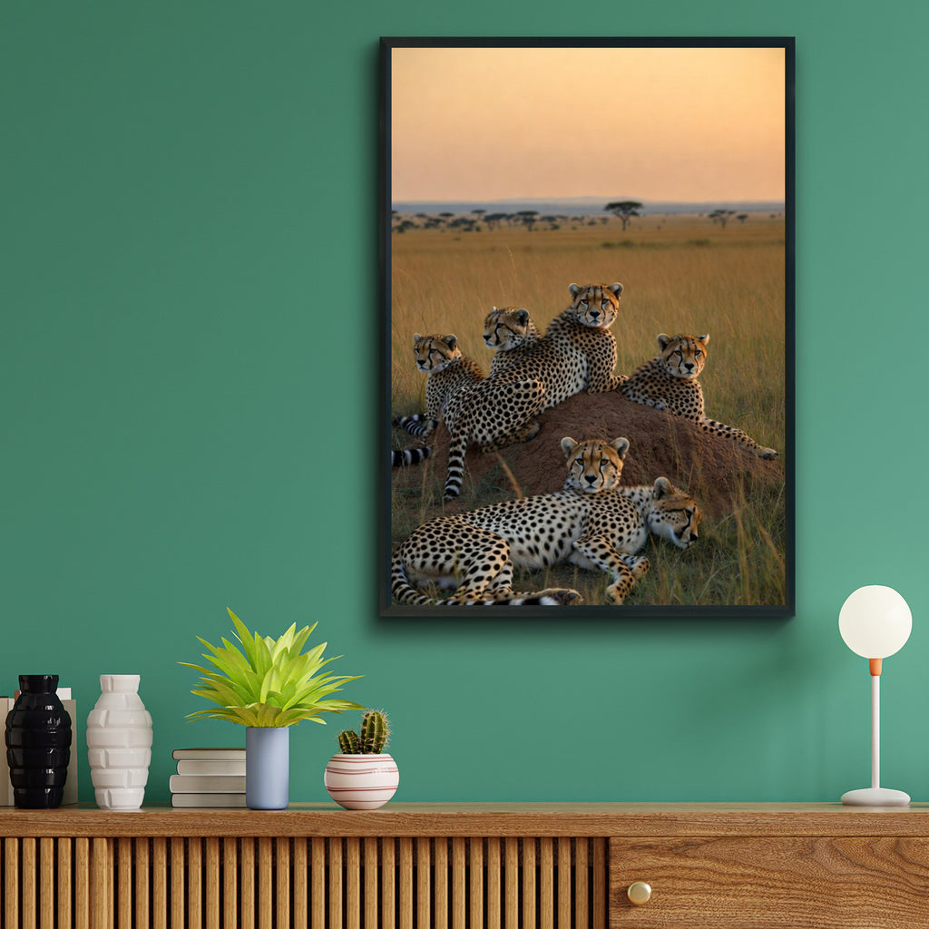Cheetah Group on Savanna Poster, African Wildlife Wall Art, Safari Animal Print