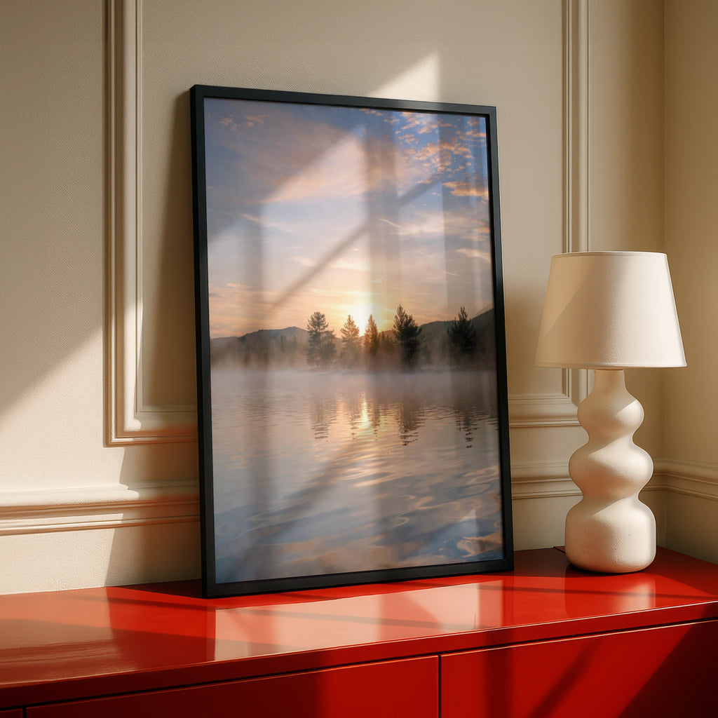 Misty Lake Sunrise Poster, Mountain Forest Wall Art, Nature Photography Print