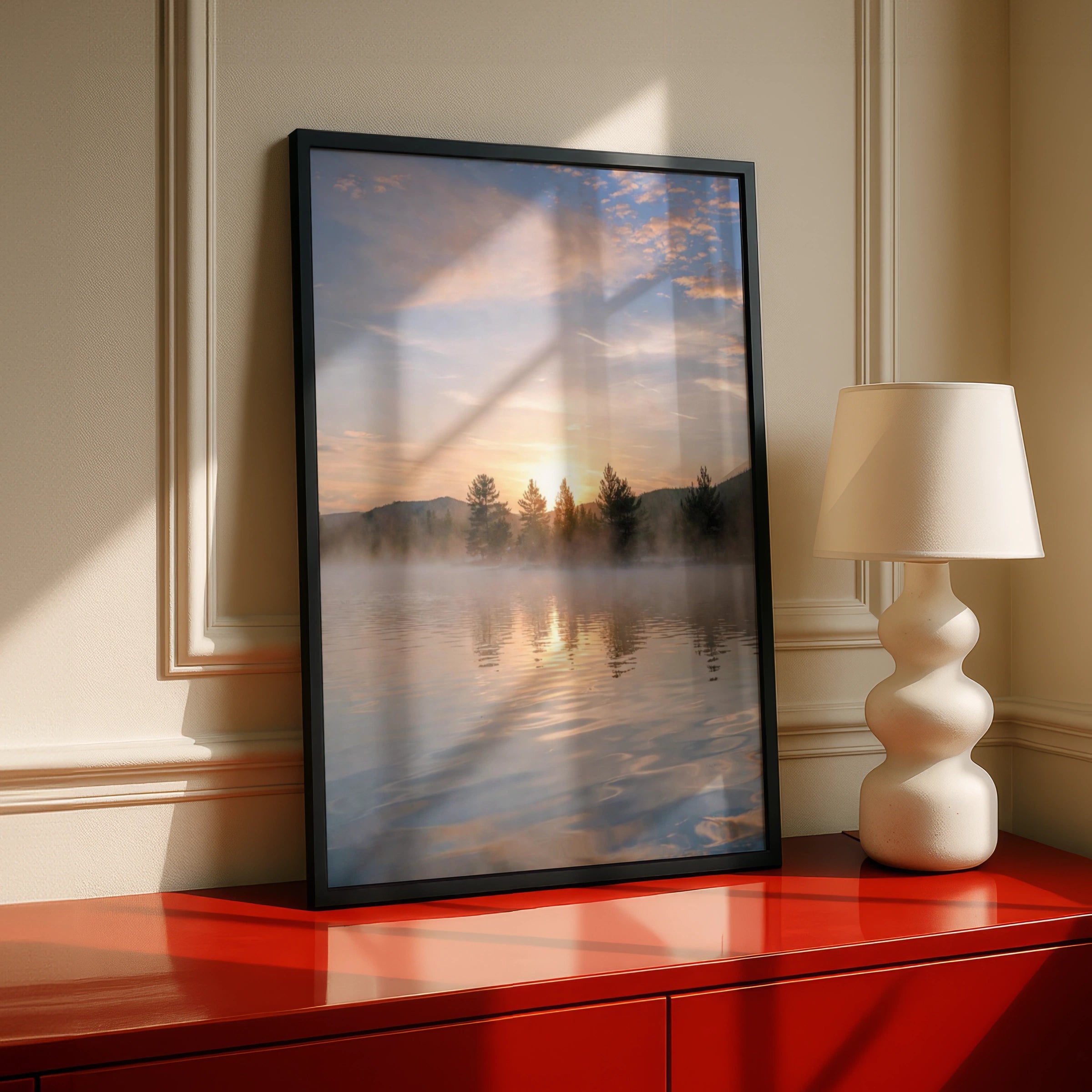 Misty Lake Sunrise Poster, Mountain Forest Wall Art, Nature Photography Print