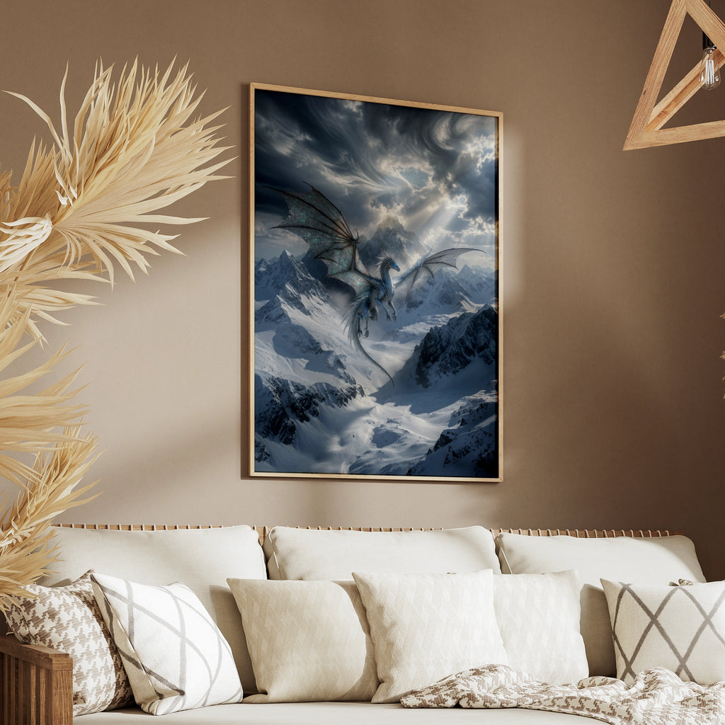 Ice Dragon Flying Over Snowy Mountains Poster, Fantasy Wall Art, Blue Dragon Print