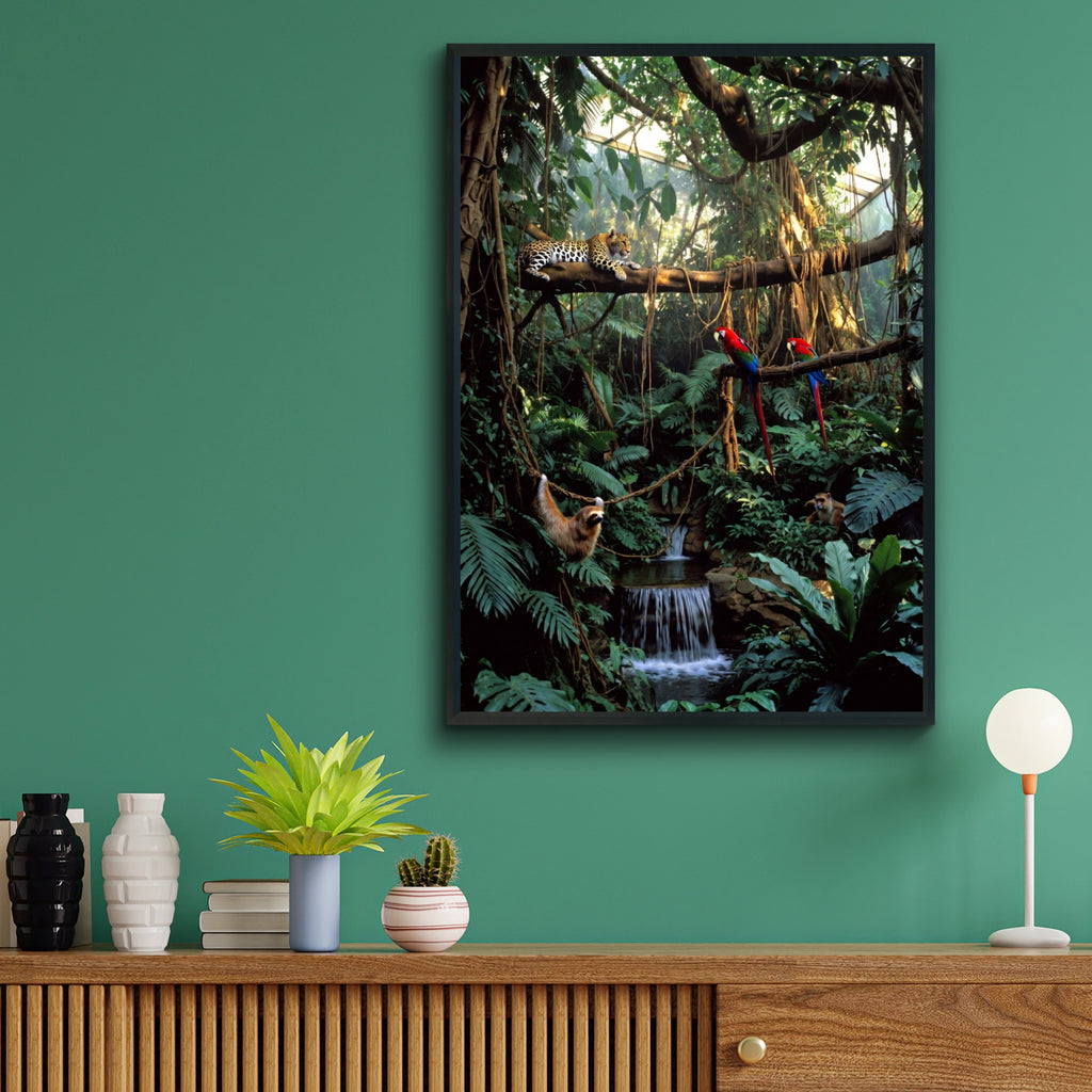 Tropical Jungle Wildlife Poster, Leopard Macaw Sloth Rainforest Wall Art Print