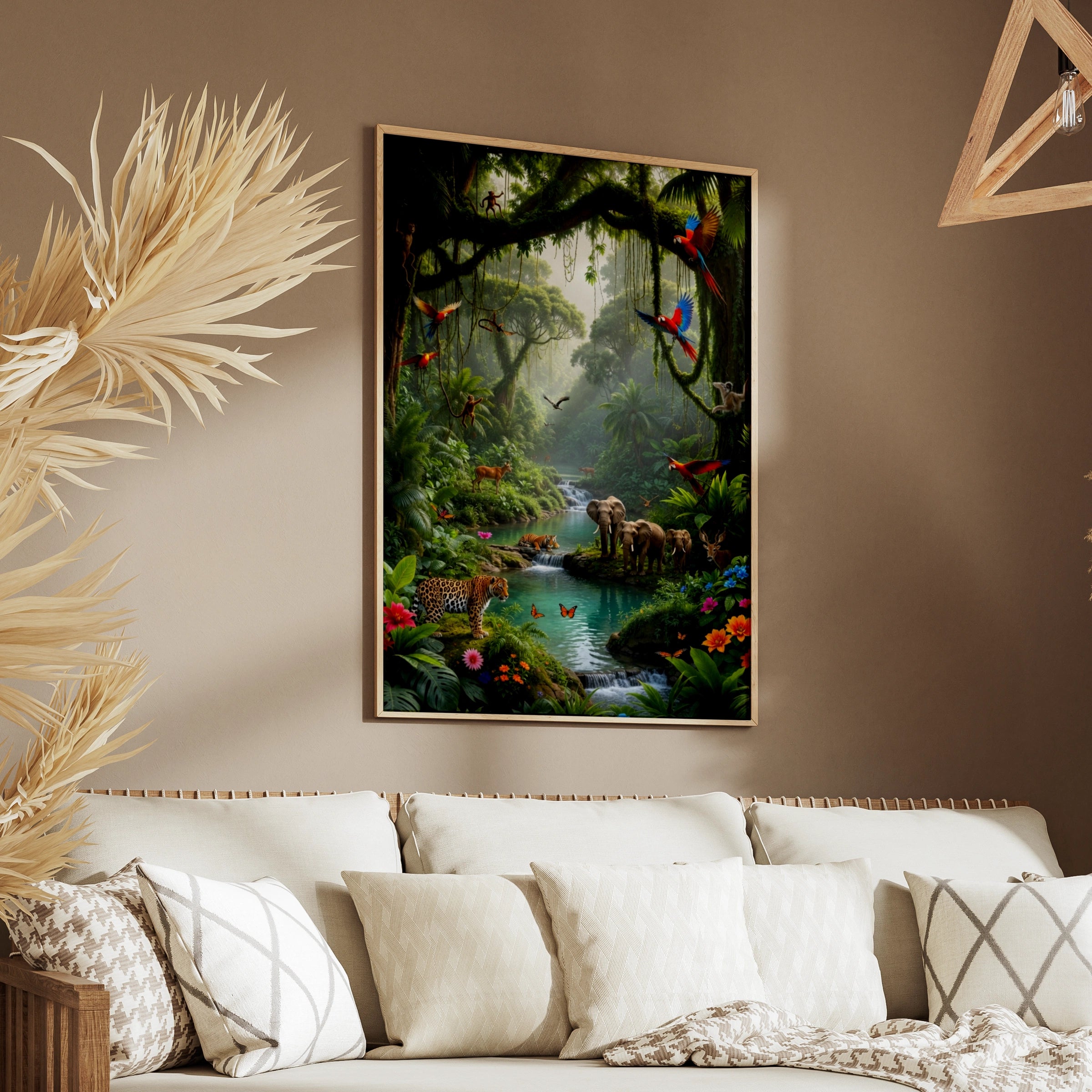 Jungle Wildlife Poster, Tropical Rainforest Animals Wall Art, Elephant Tiger Parrot Print