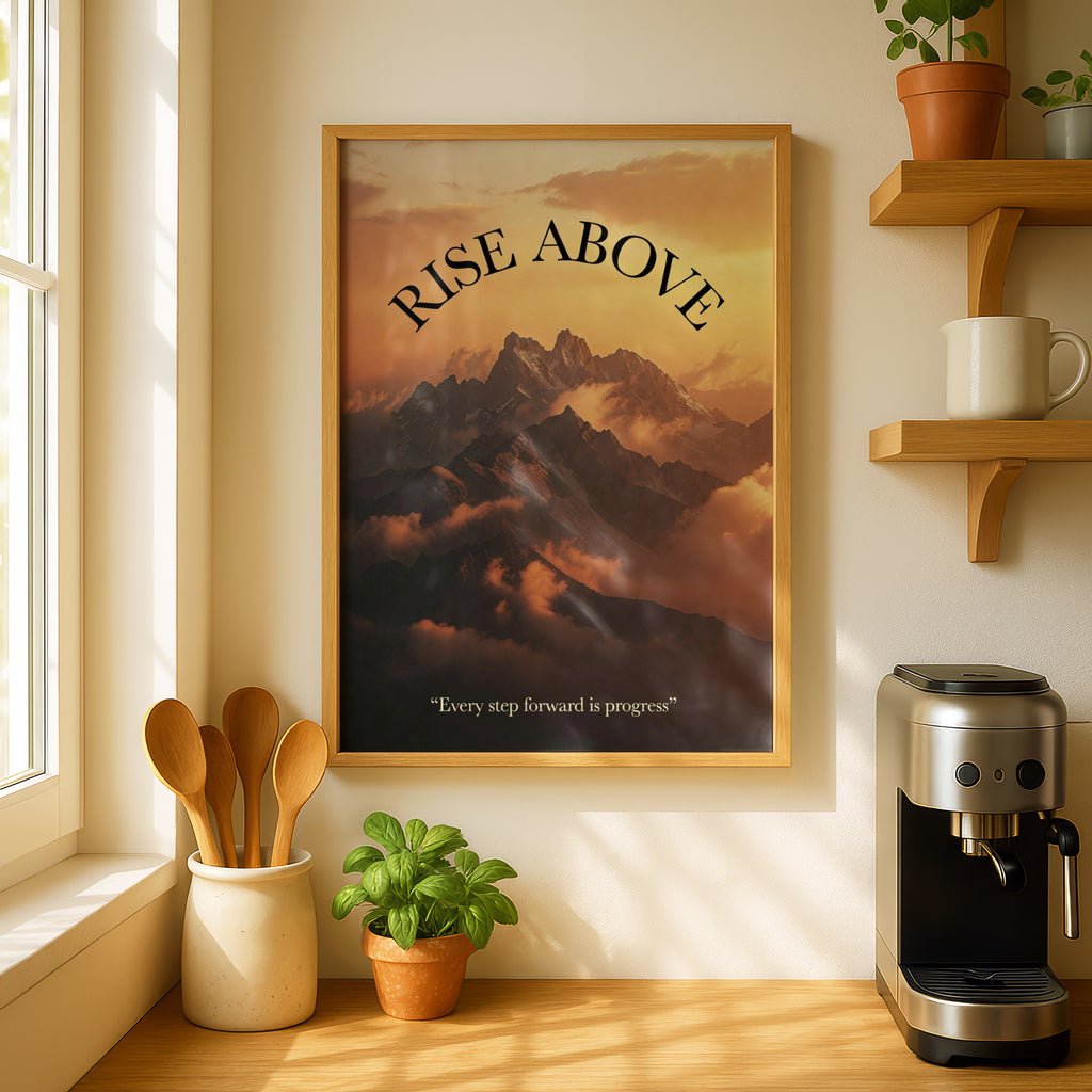 Rise Above Motivational Mountain Poster, Sunset Quote Wall Art, Inspirational Print for Home or