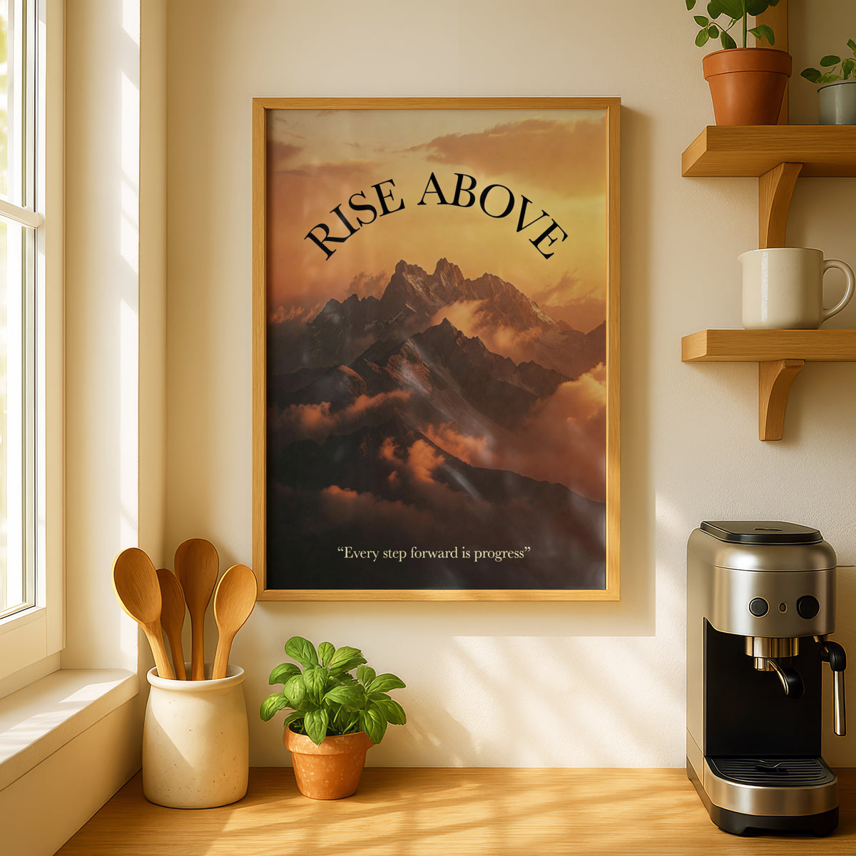 Rise Above Motivational Mountain Poster, Sunset Quote Wall Art, Inspirational Print for Home or