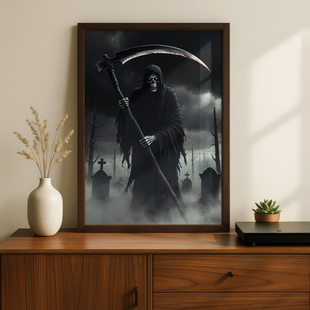 Grim Reaper Poster, Dark Gothic Wall Art, Skull Scythe Graveyard Print, Halloween Horror Decor