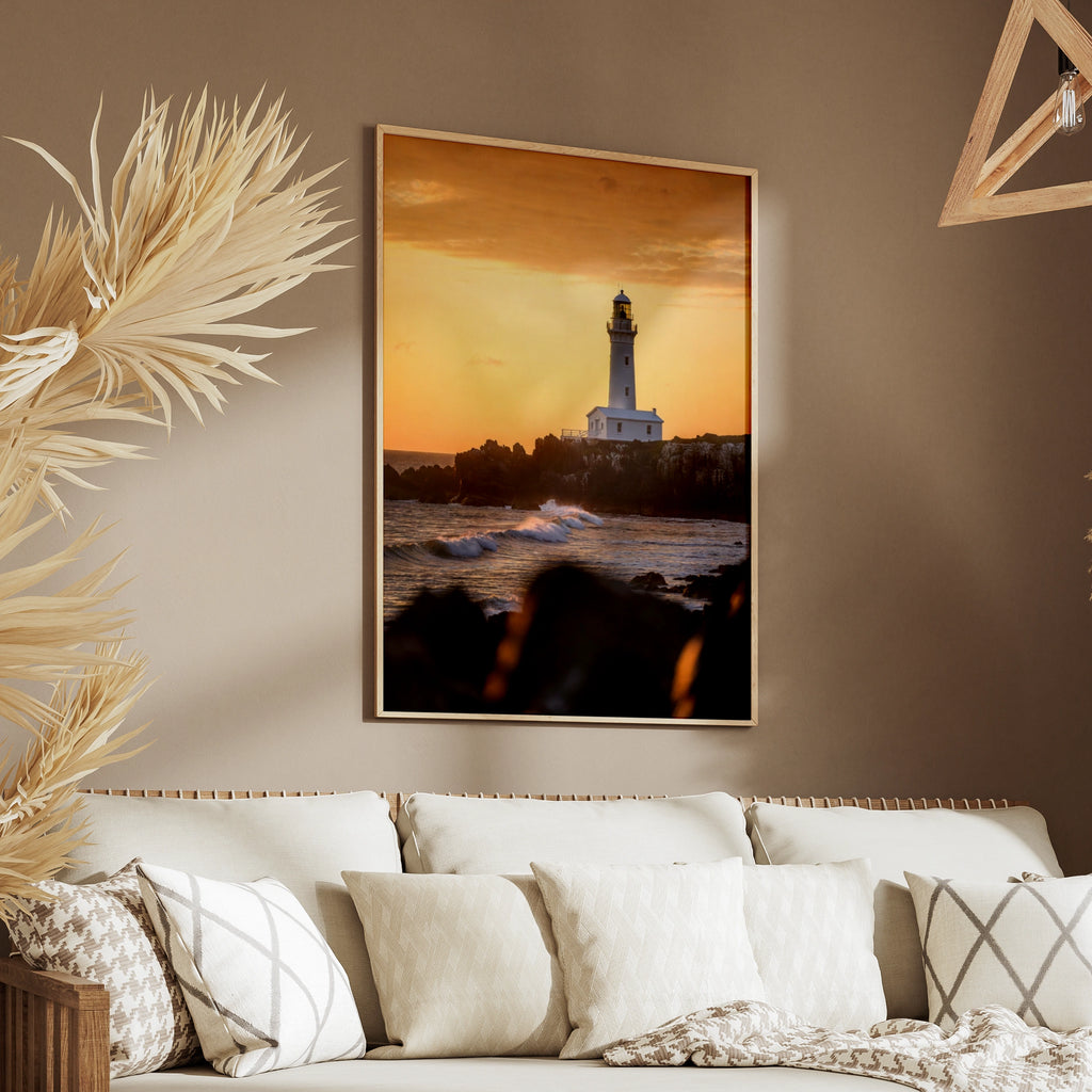 Lighthouse Sunset Poster, Coastal Ocean Wall Art, Rocky Shore Print, Golden Sky Decor