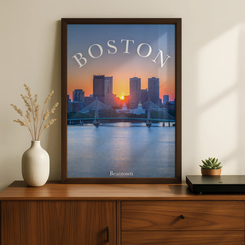 Boston Skyline Sunset Poster, Beantown Wall Art, Massachusetts City Print, Bridge