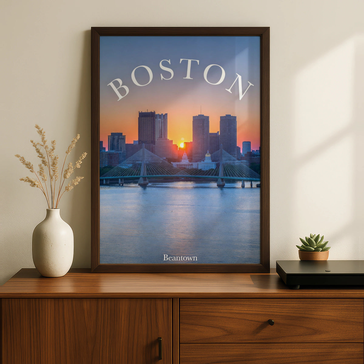Boston Skyline Sunset Poster, Beantown Wall Art, Massachusetts City Print, Bridge
