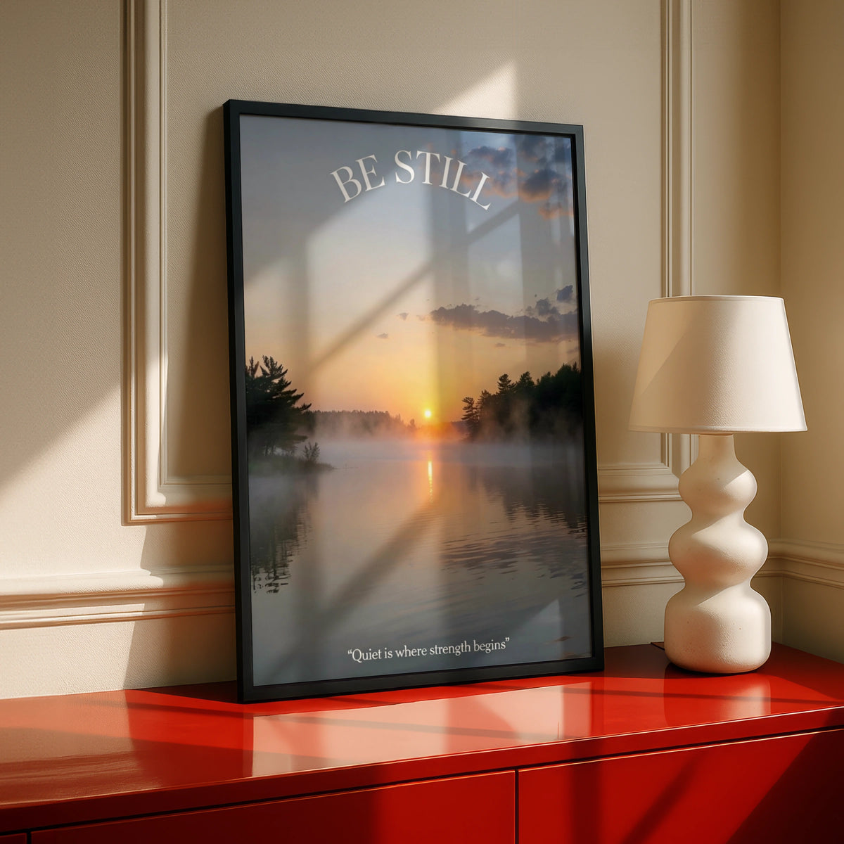 Be Still Inspirational Lake Sunrise Poster, Misty Nature Wall Art, Calm Quote Print