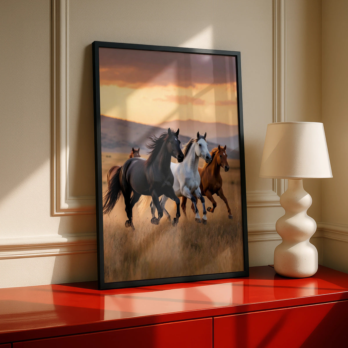 Wild Horses Running at Sunset Poster, Black White Chestnut Herd Wall Art Print