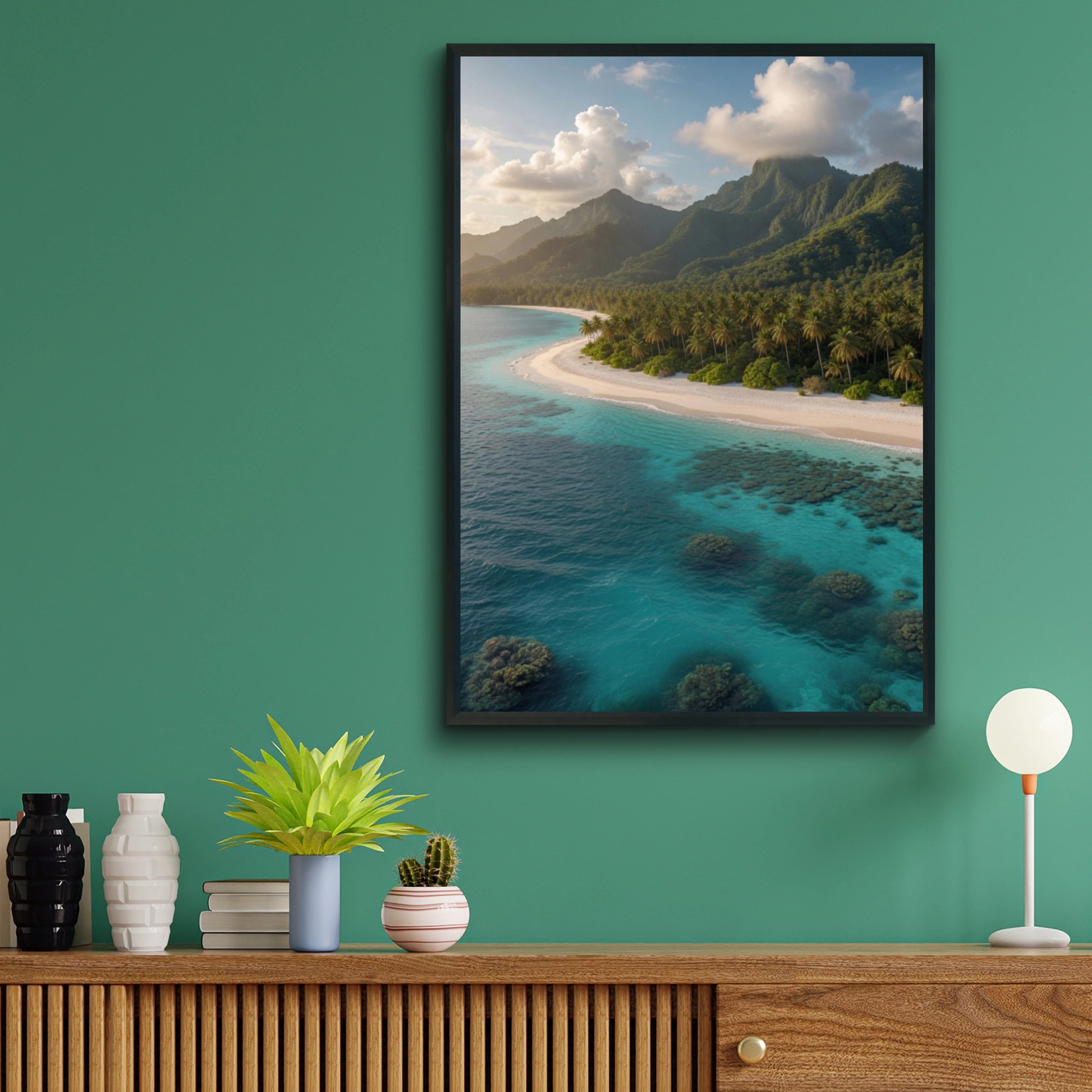 Tropical Beach Poster, Palm Tree Island Wall Art, Turquoise Ocean Print, Coastal Decor