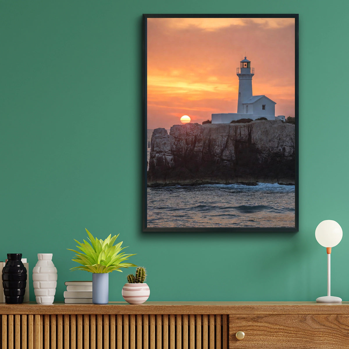 Lighthouse Sunset Poster, Coastal Rocky Cliff Wall Art, Ocean Photography Print