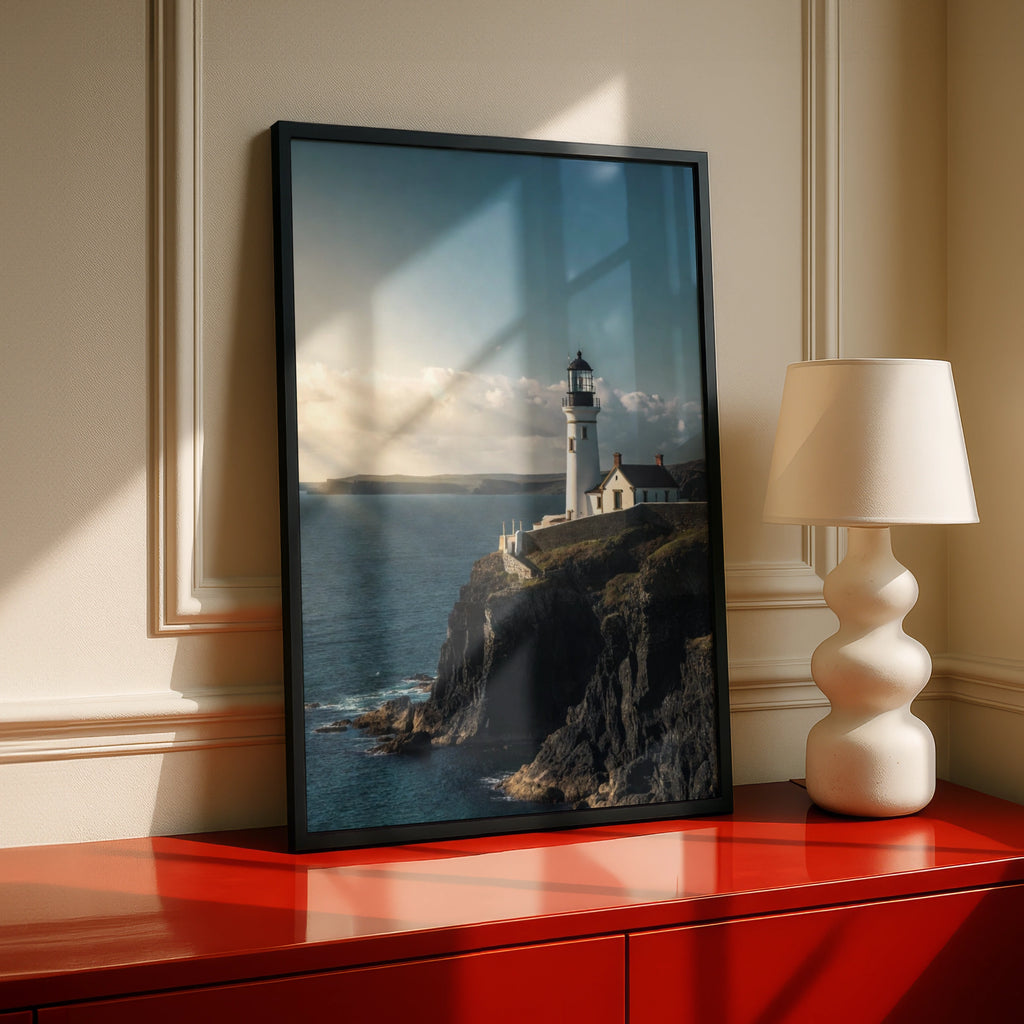 Lighthouse Cliff Ocean Poster, Coastal Wall Art, Nautical Sea Print, Blue Scenic Photo