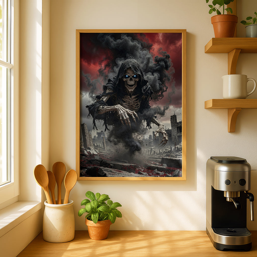 Grim Reaper Poster, Dark Skeleton Wall Art, Gothic Horror Print, Red Sky Apocalypse Decor