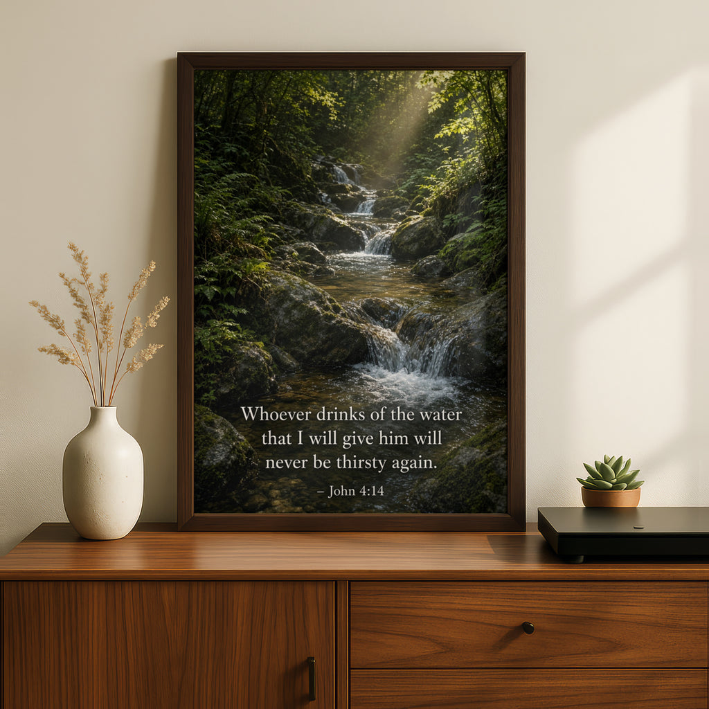 John 4:14 Bible Verse Poster, Scripture Wall Art, Christian Nature Print, Forest Waterfall