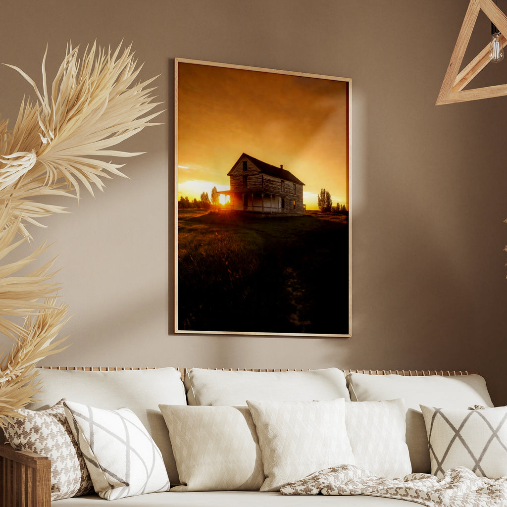 Old Farmhouse Sunset Poster, Rustic Country House Wall Art, Golden Sky Rural Print