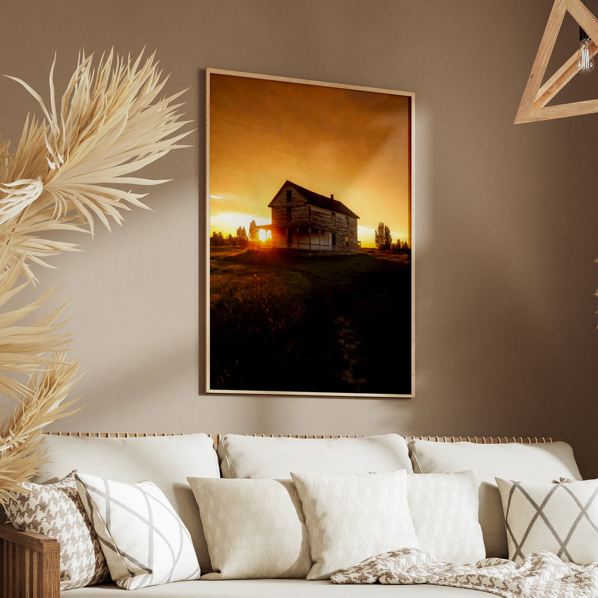 Old Farmhouse Sunset Poster, Rustic Country House Wall Art, Golden Sky Rural Print