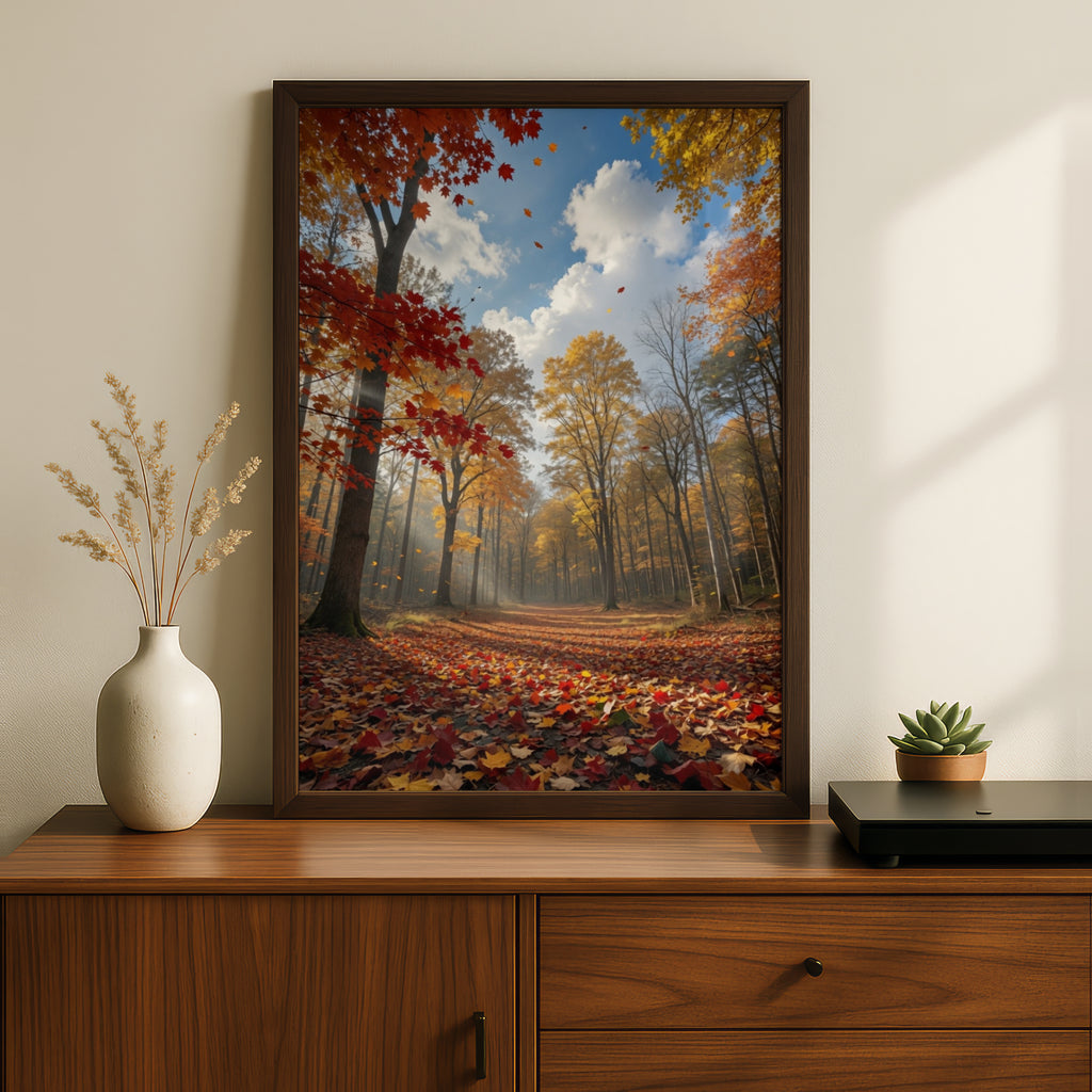 Fall Forest Path Poster, Autumn Foliage Wall Art, Red Orange Leaves Nature Print, Woodland Decor